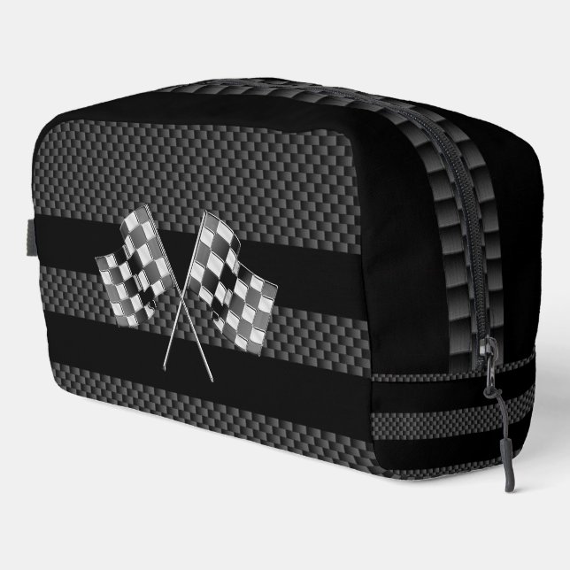 Racing Flags on Black Stripes Carbon Fiber Style Dopp Kit (Right Corner)