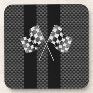 Racing Flags on Black Stripes Carbon Fibre Style Coaster