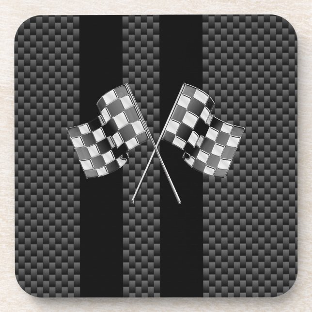 Racing Flags on Black Stripes Carbon Fibre Style Coaster (Front)