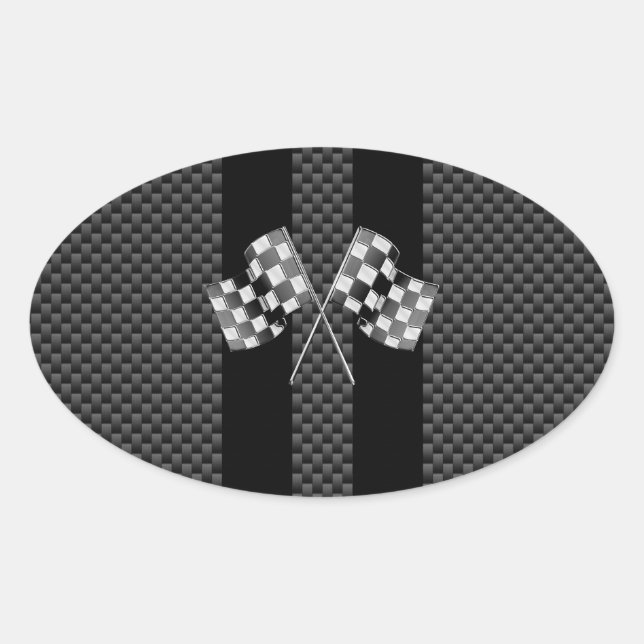 Racing Flags on Black Stripes Carbon Fibre Style Oval Sticker (Front)