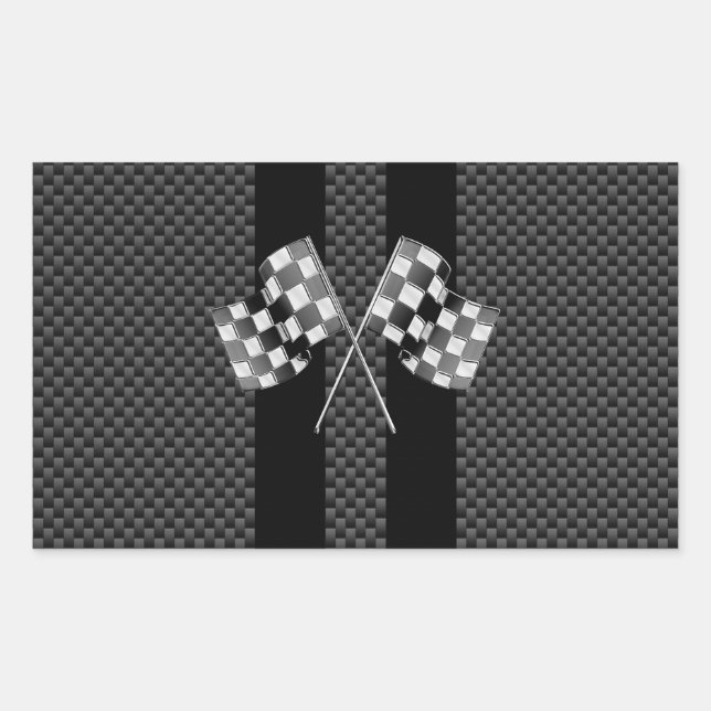 Racing Flags on Black Stripes Carbon Fibre Style Rectangular Sticker (Front)
