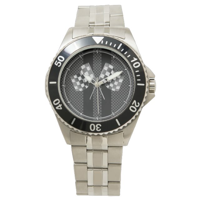 Racing Flags on Black Stripes Carbon Fibre Style Watch (Front)