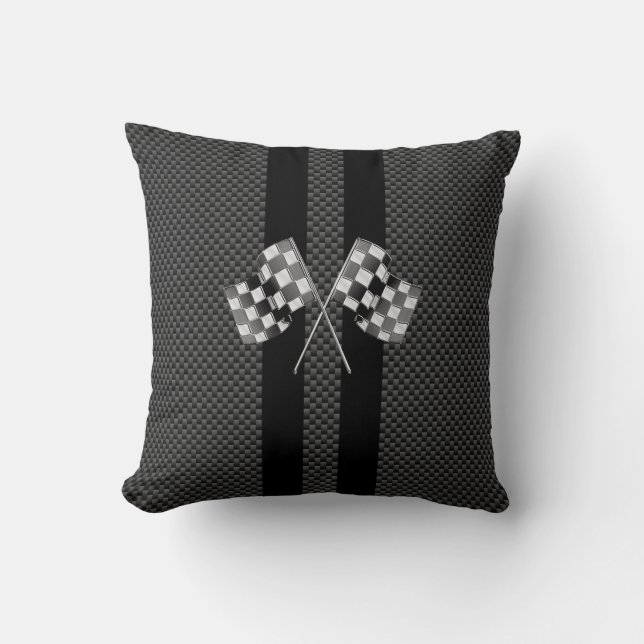 Racing Flags on Stripes Carbon Fibre Like Style Cushion (Front)