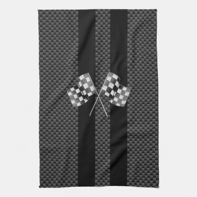 Racing Flags on Stripes Carbon Fibre Like Style Tea Towel (Vertical)