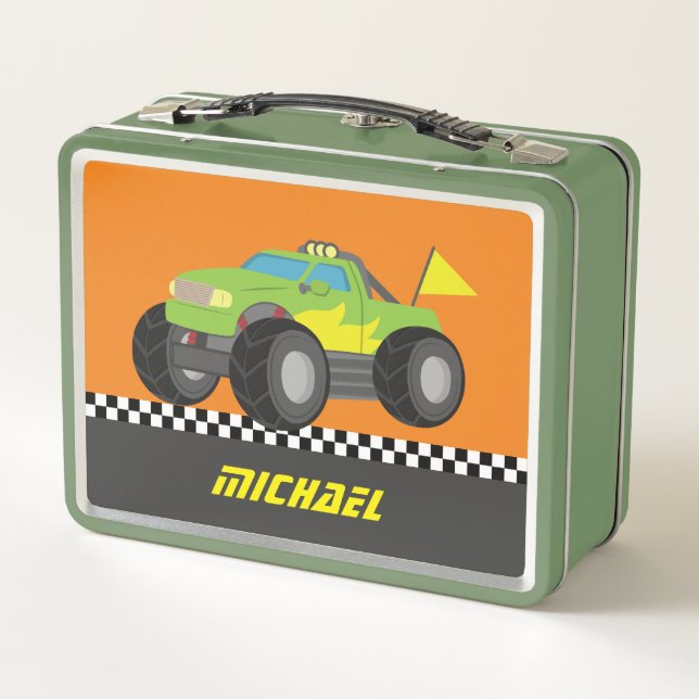 Racing Green Monster Truck for Racer Boys Lunch Bo Metal Lunch Box (Back)
