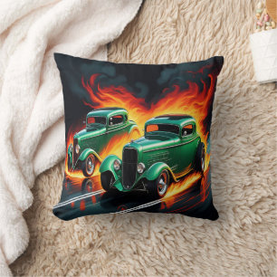 Racing hot rods on a fiery sunset highway cushion