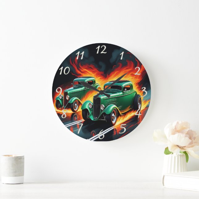 Racing hot rods on a fiery sunset highway large clock (Home)