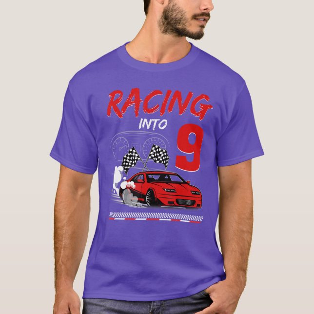 Racing into 9 Year Old Birthday Race 9th Boy Party T-Shirt (Front)