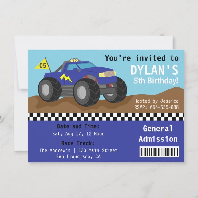 Racing Monster Truck Party, Blue Admission Ticket Invitation (Front)