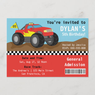 Racing Monster Truck Party, Boys Admission Ticket Invitation