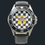Racing Name Number Checkered  Watch<br><div class="desc">Celebrate a birthday,  anniversary,  or other special day with this custom racing inspired stainless steel watch. The name and number sits centered in outline text (the red and yellow can be changed to the colors of your choice) on a checkered background. This watch is ideal for racing fans.</div>