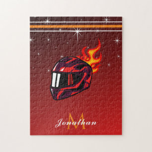Racing Red Helmet Name & Monogram Sparkle Initial Jigsaw Puzzle