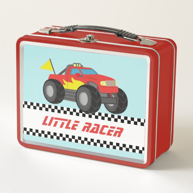 Racing Red Monster Truck Boys Personalised Metal Lunch Box (Front)