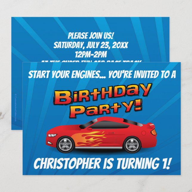 Racing Red Race Car Flames Boy's Birthday Party Invitation (Front/Back)