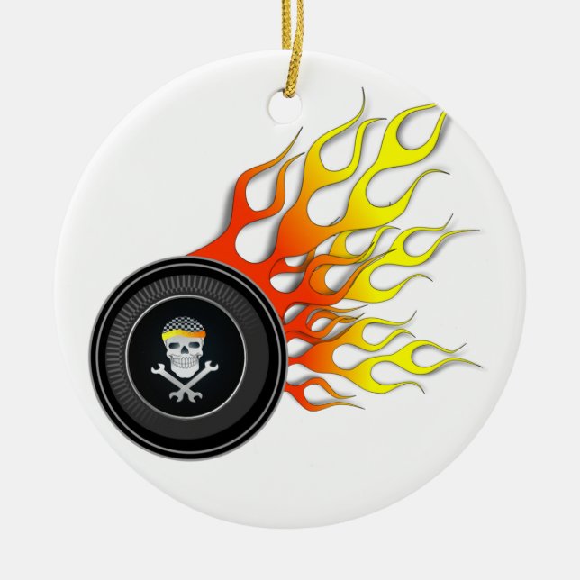 Racing Skull in Flaming Wheel Ceramic Ornament (Front)