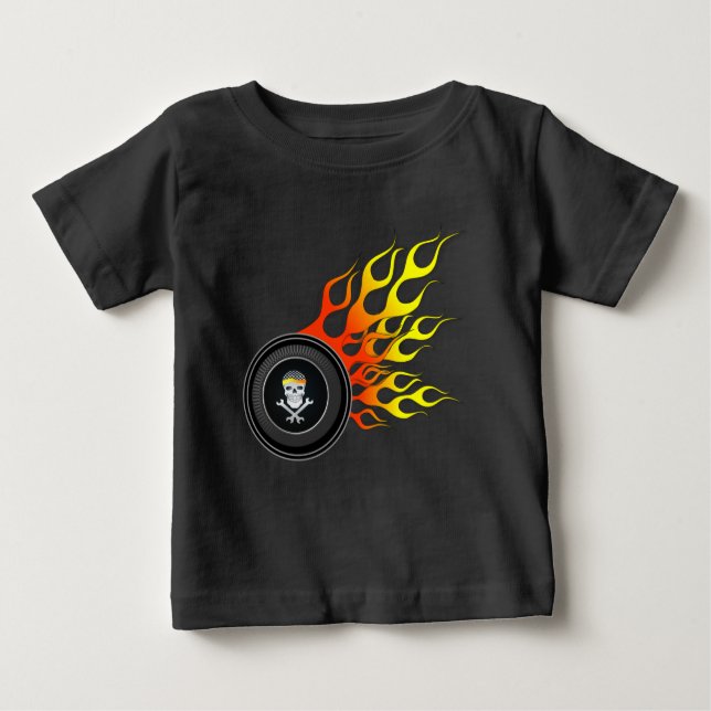 Racing Skull Wheel Flames Baby T-Shirt (Front)