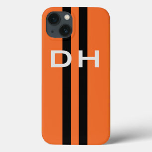 Racing Stripes:  Black on Orange With Initials Cas iPhone 13 Case
