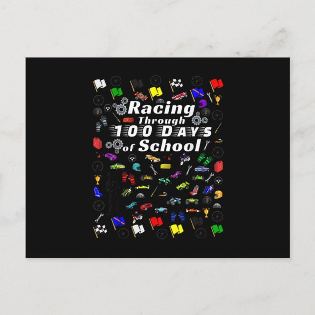 Racing Through 100 Days Of School Race Car Themed Announcement Postcard (Front)