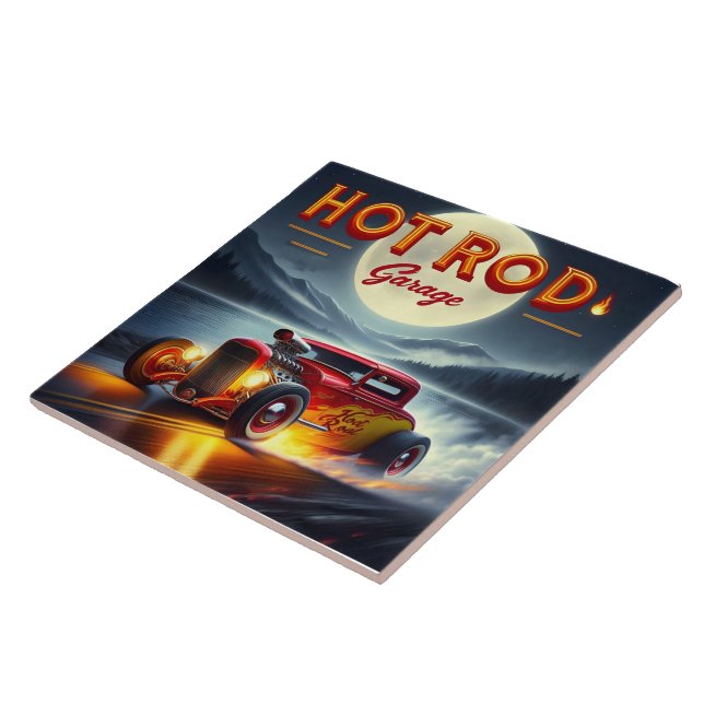 Racing through a moonlit landscape in a hot rod ceramic tile (Side)