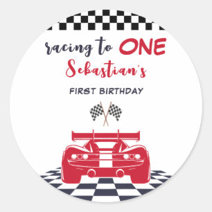 Racing to one first kids birthday classic round sticker