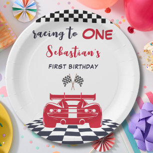 Racing to one first kids birthday paper plate