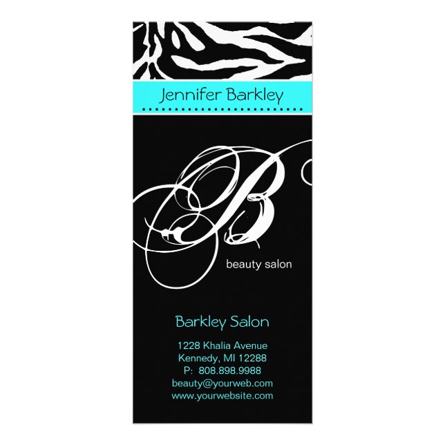 Rack Card Zebra Beauty Salon Spa Turquoise Blue (Front)