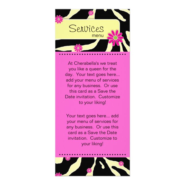 Rack Card Zebra Daisy Floral Salon Spa Pink Yellow (Front)