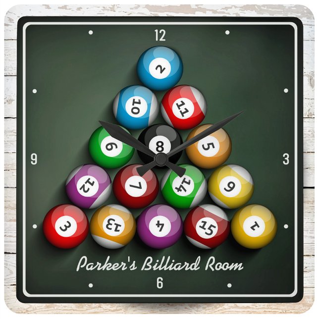 Rack Em Pool Hall Billiards Personalised Game Room Square Wall Clock (Creator Uploaded)