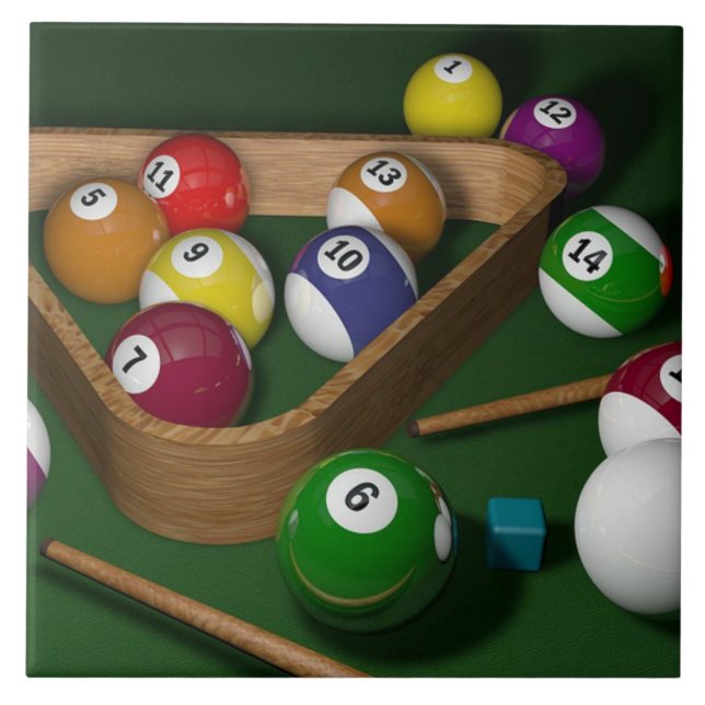 Rack 'em up, game of billiards ceramic tile (Front)
