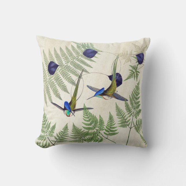 Racket-tail Hummingbird Birds Ferns Throw Pillow (Front)