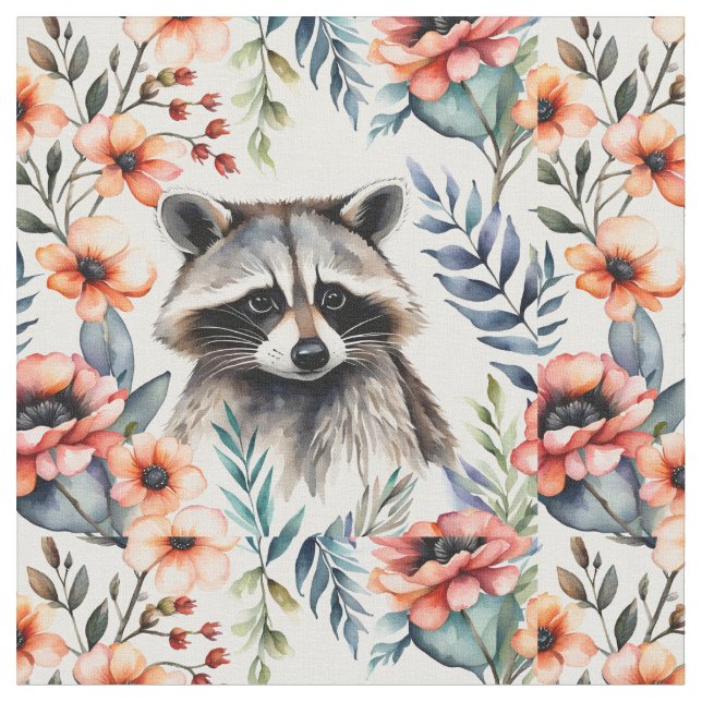 Racoon among flowers fabric (Close Up)