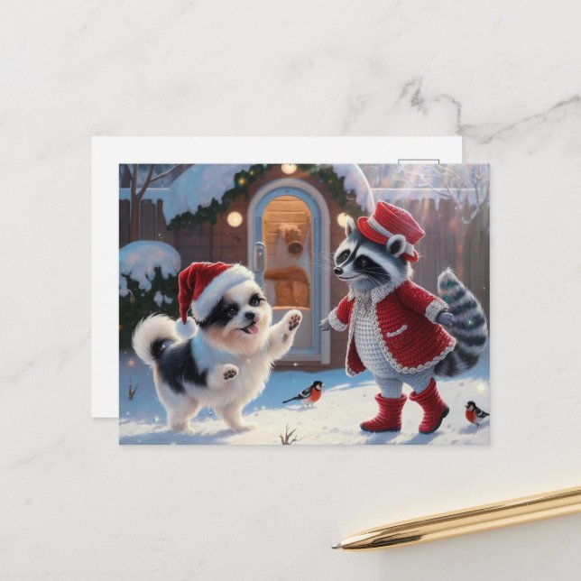 Racoon and a Cute Dog Festive Christmas Postcard (Front/Back In Situ)