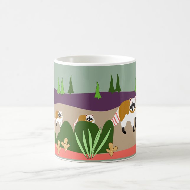 Racoon and babies in high desert forest coffee mug (Center)