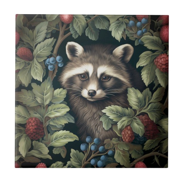 Racoon and berries inspired by William Morris Ceramic Tile (Front)