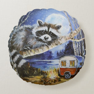 Racoon and Camper Round Throw Pillow