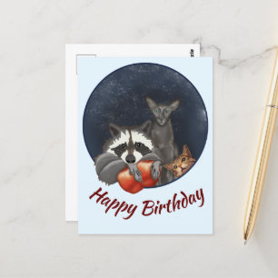 Racoon and cats with apples Happy Birthday Postcard