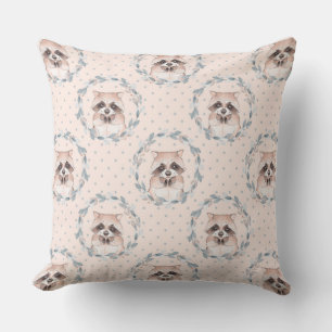 Racoon and floral wreath. Watercolor pattern Cushion