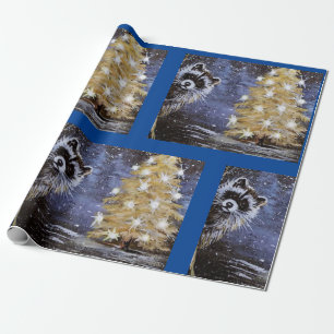 Racoon and Golden Christmas Tree Wrapping Paper