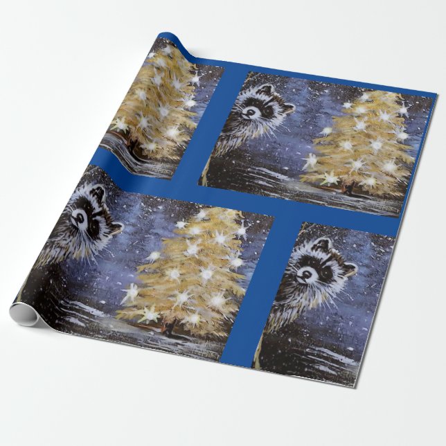 Racoon and Golden Christmas Tree Wrapping Paper (Unrolled)