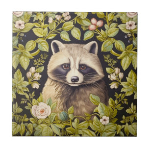 Racoon and green leaves inspired William Morris Ceramic Tile