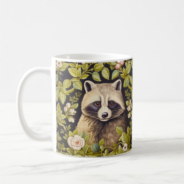 Racoon and green leaves inspired William Morris Coffee Mug (Left)