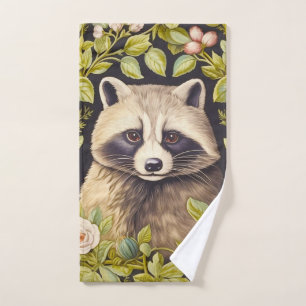Racoon and green leaves inspired William Morris Hand Towel