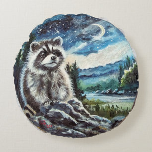 Racoon and Moon Round Throw Pillow