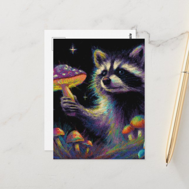 Racoon and Mushrooms Postcard (Front/Back In Situ)