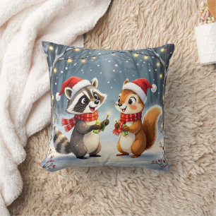 Racoon and Squirrel Hanging Christmas Lights Cushion