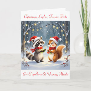 Racoon and Squirrel Hanging Christmas Lights Holiday Card