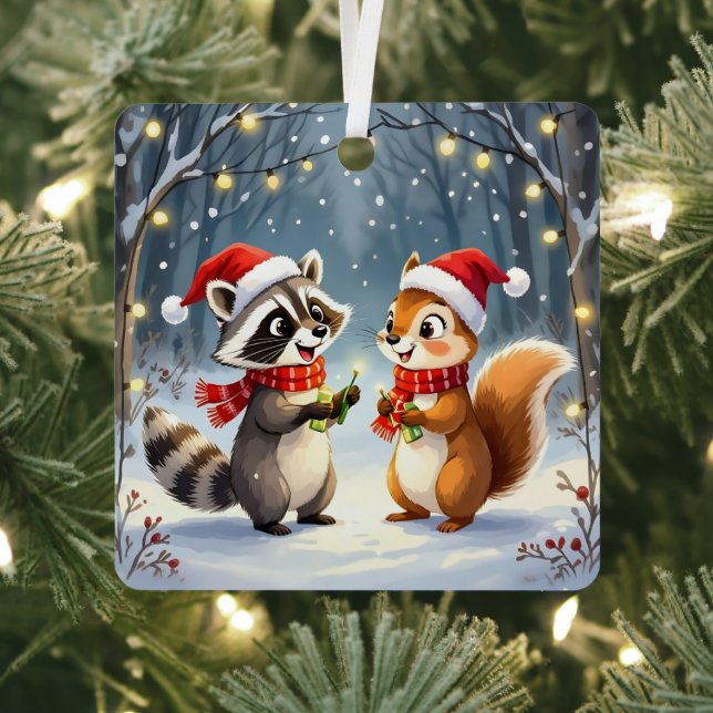 Racoon and Squirrel Hanging Christmas Lights  Metal Tree Decoration (Insitu)