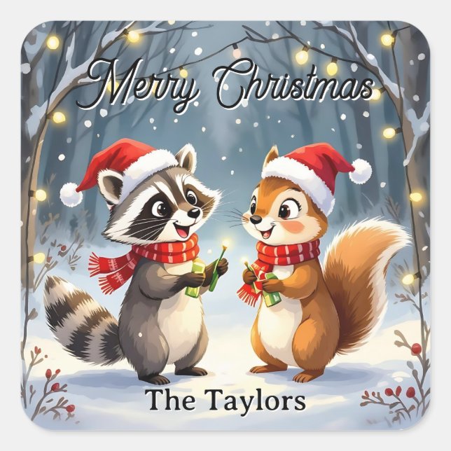 Racoon and Squirrel Hanging Christmas Lights  Square Sticker (Front)