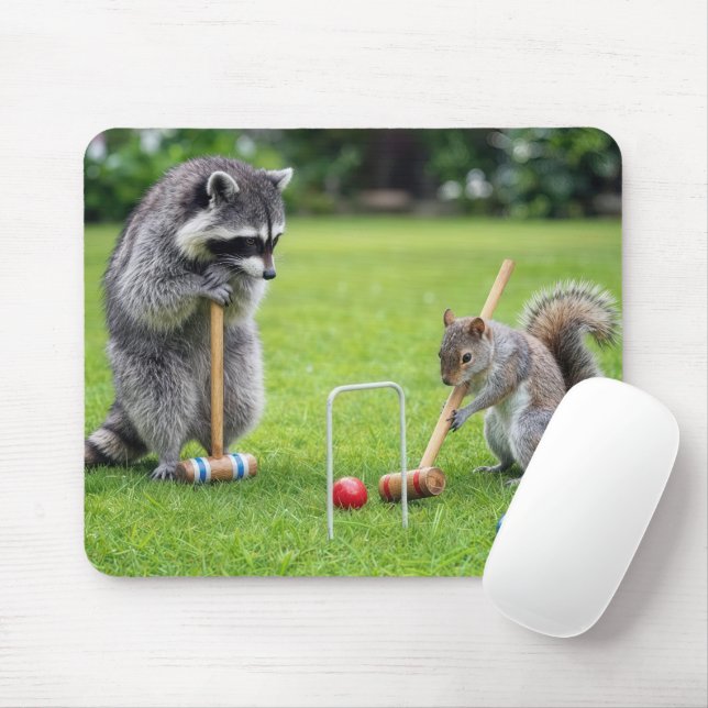 Racoon and Squirrel Playing Croquet Mouse Pad (With Mouse)