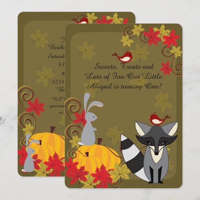 Racoon and Woodland Animals Autumn 1st Birthday Invitation (Front/Back)